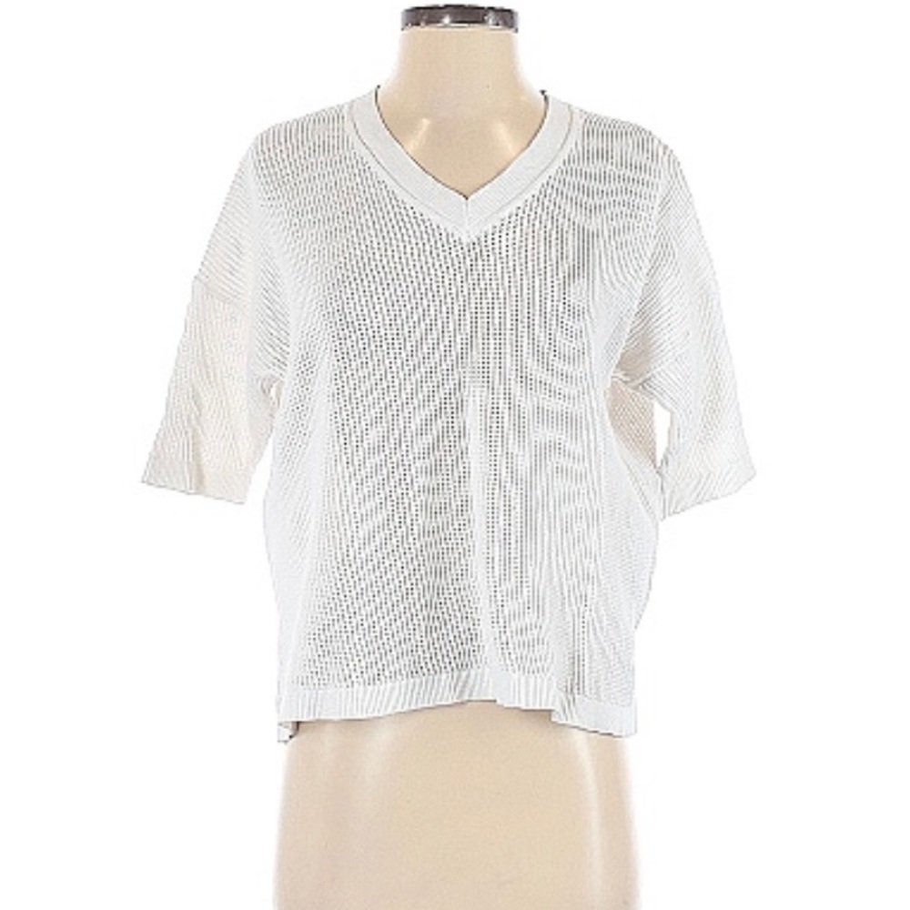 Cabi Womens Breeze Pullover Sweater White 3/4 Sleeve V Neck Crochet S